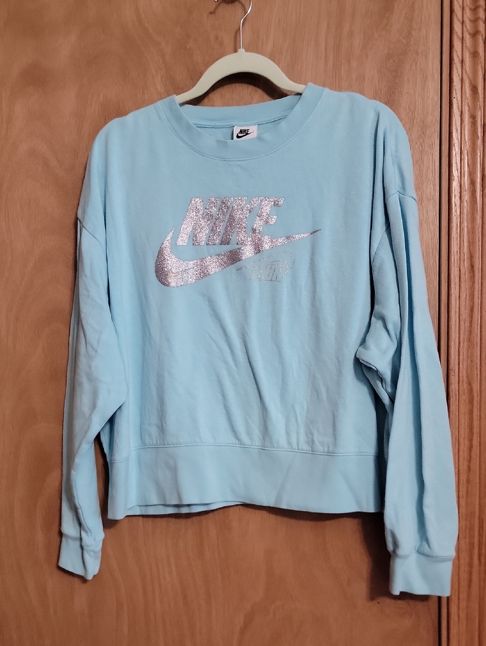 Nike Sky Blue Crewneck Sweatshirt with Silver Glitter Swoosh
